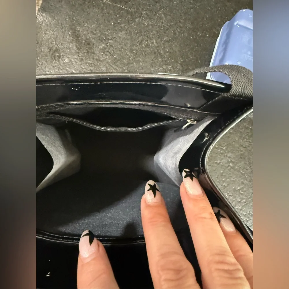 Saks Fifth Avenue Black Patent Leather Pocket Shopping Bag Tote - Picture 8 of 9